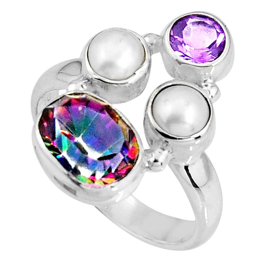 6.53cts multicolor rainbow topaz amethyst pearl 925 silver ring size 7.5 p90667