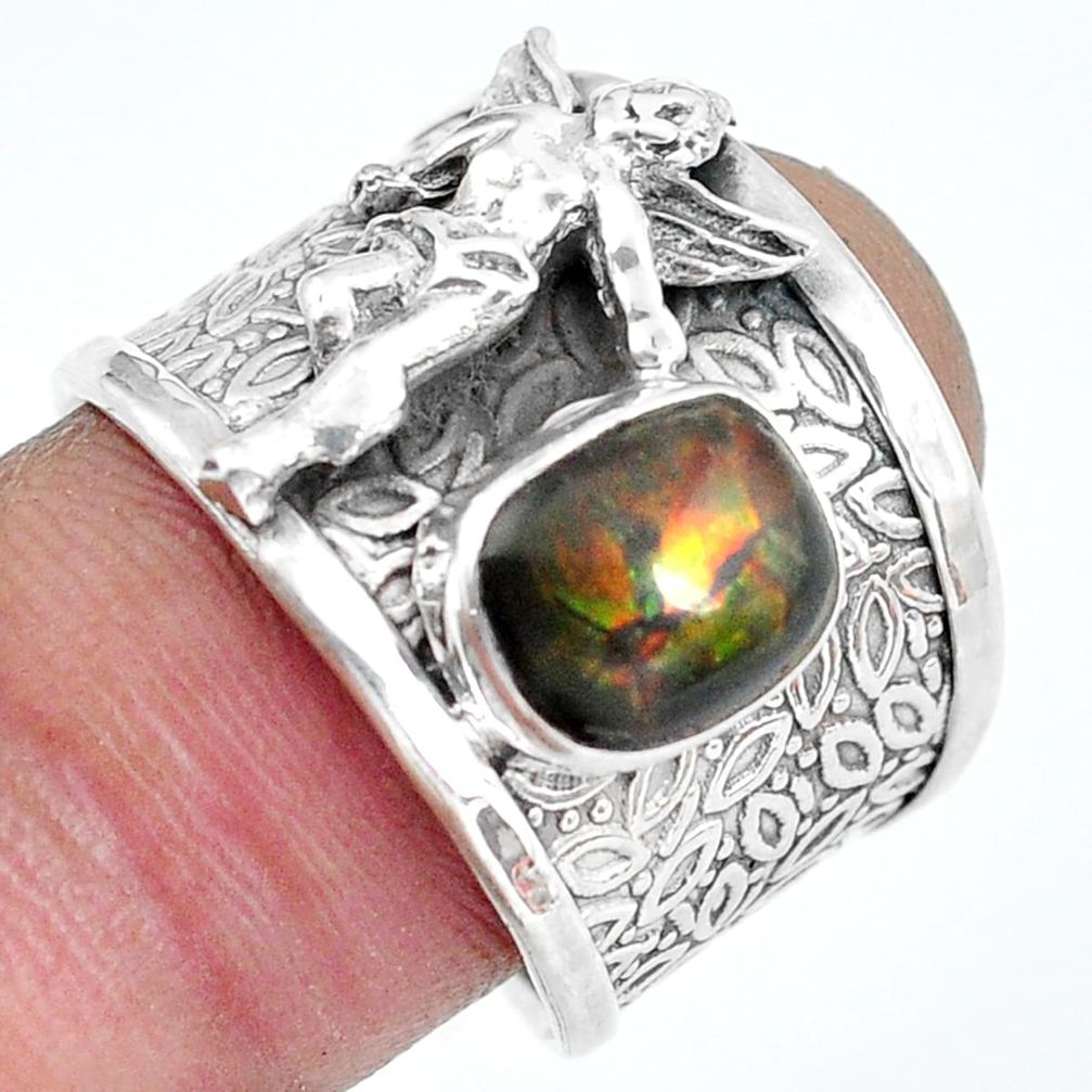 Natural ammolite 925 silver cupid love angel wings solitaire ring size 8 d32059