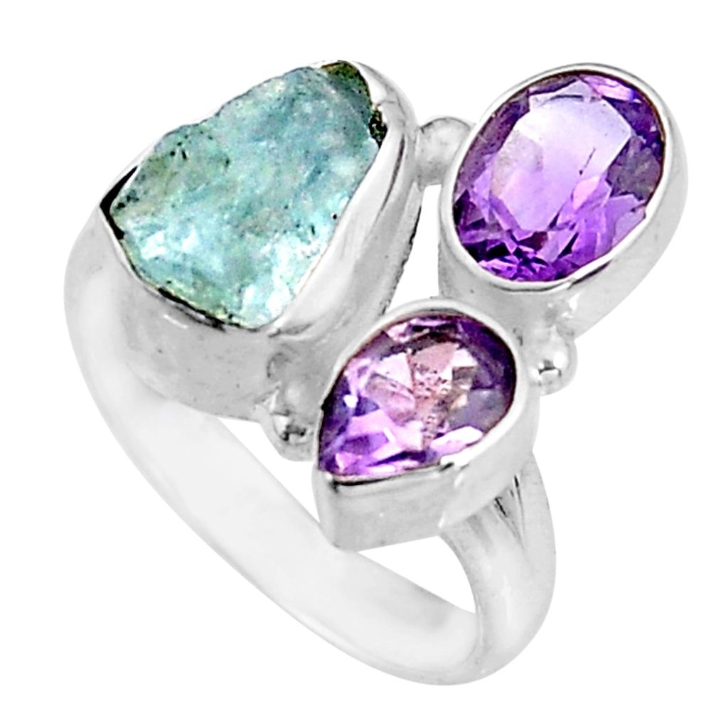 9.04cts natural aqua aquamarine rough amethyst 925 silver ring size 6 p92651