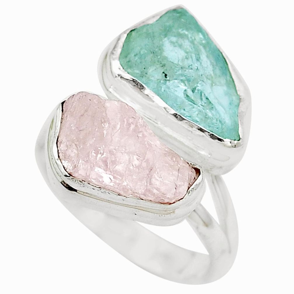 Natural aqua aquamarine rough pink kunzite roug 925 silver ring size 6.5 p35784