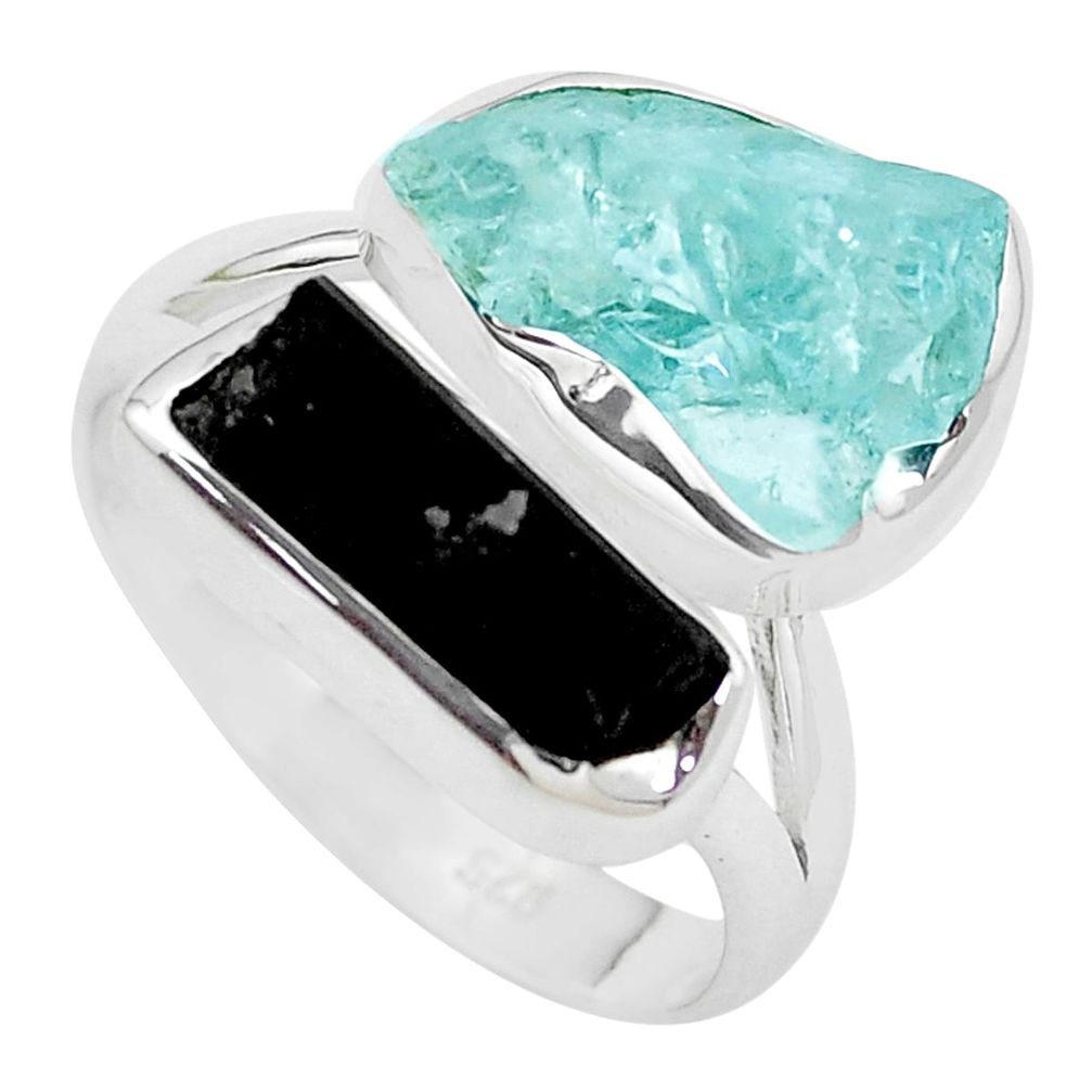 Natural aqua aquamarine rough tourmaline rough 925 silver ring size 8 p35772