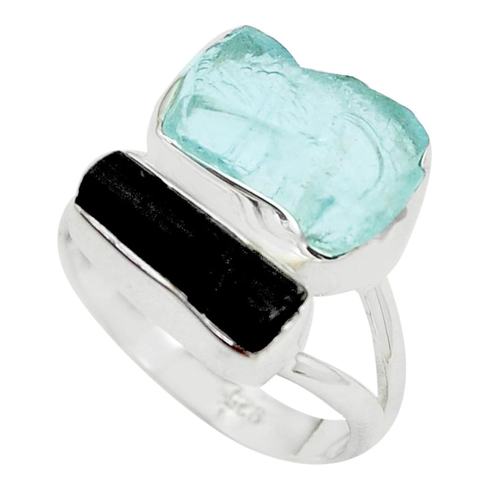 Natural aqua aquamarine rough tourmaline rough 925 silver ring size 7 p35783