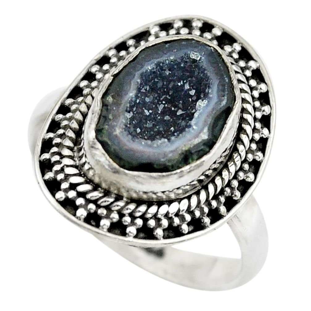 5.87cts natural black geode druzy 925 silver solitaire ring size 7.5 p61529