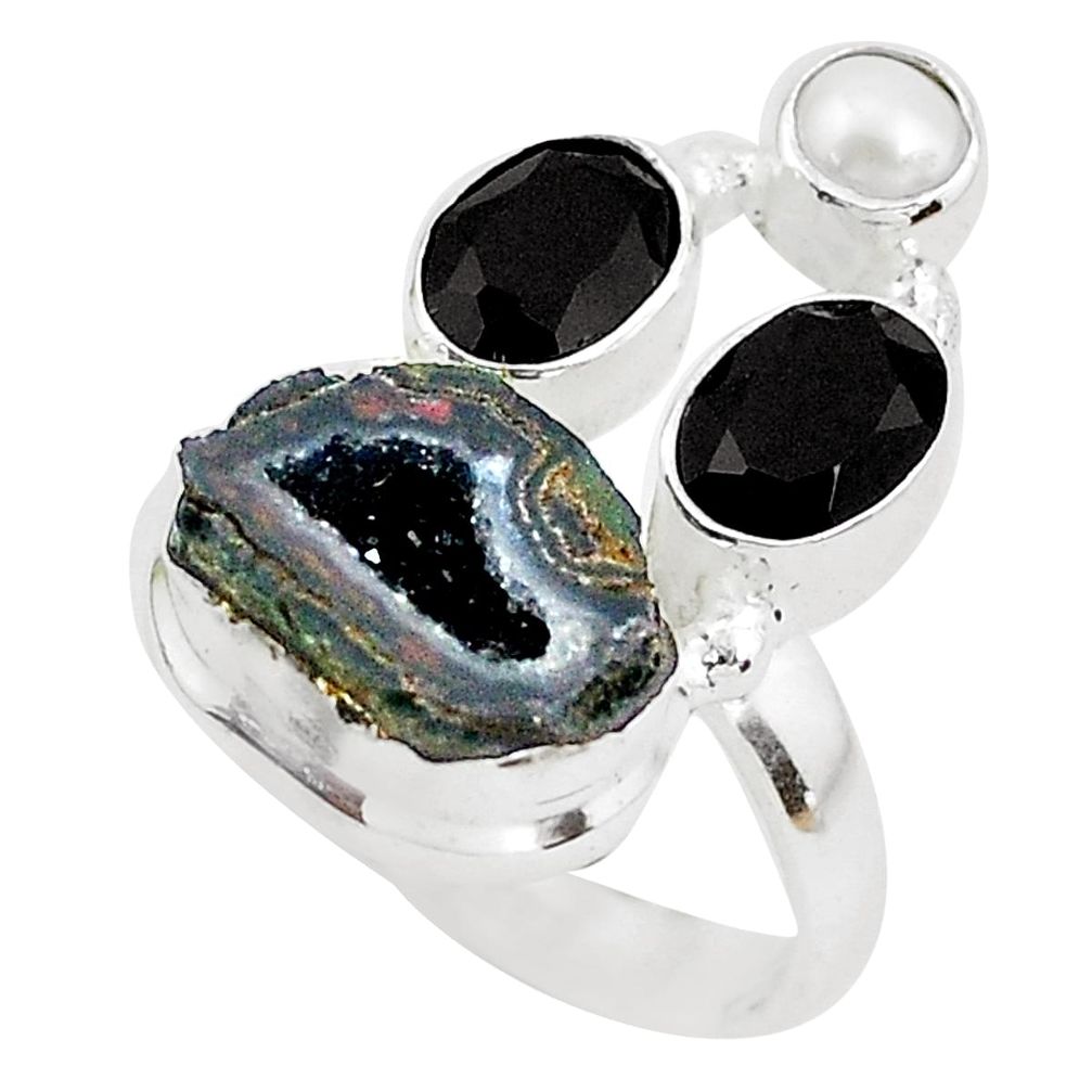 7.97cts natural black geode druzy onyx 925 sterling silver ring size 7 p52555