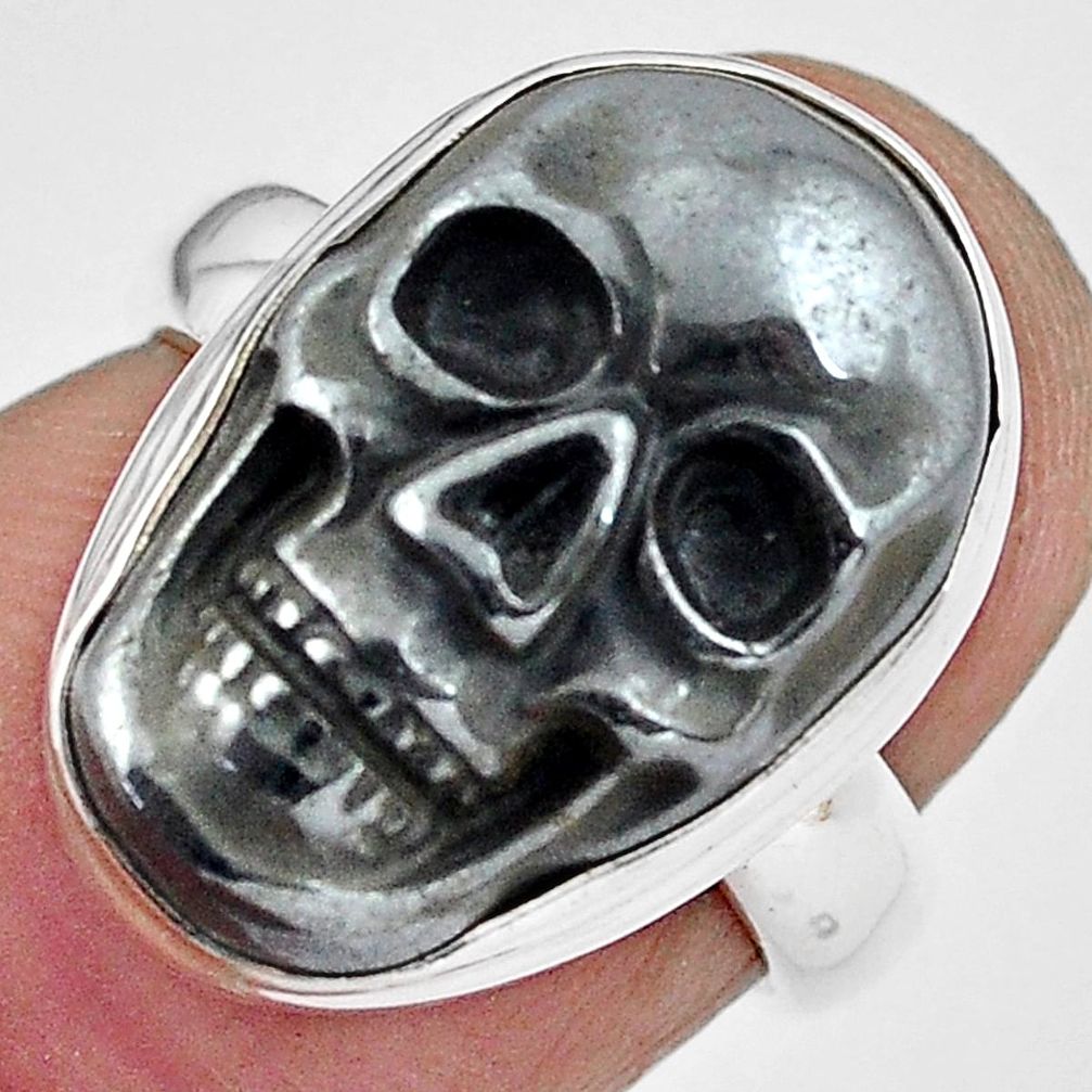 11.44cts natural black hematite 925 silver skull solitaire ring size 6 p88246