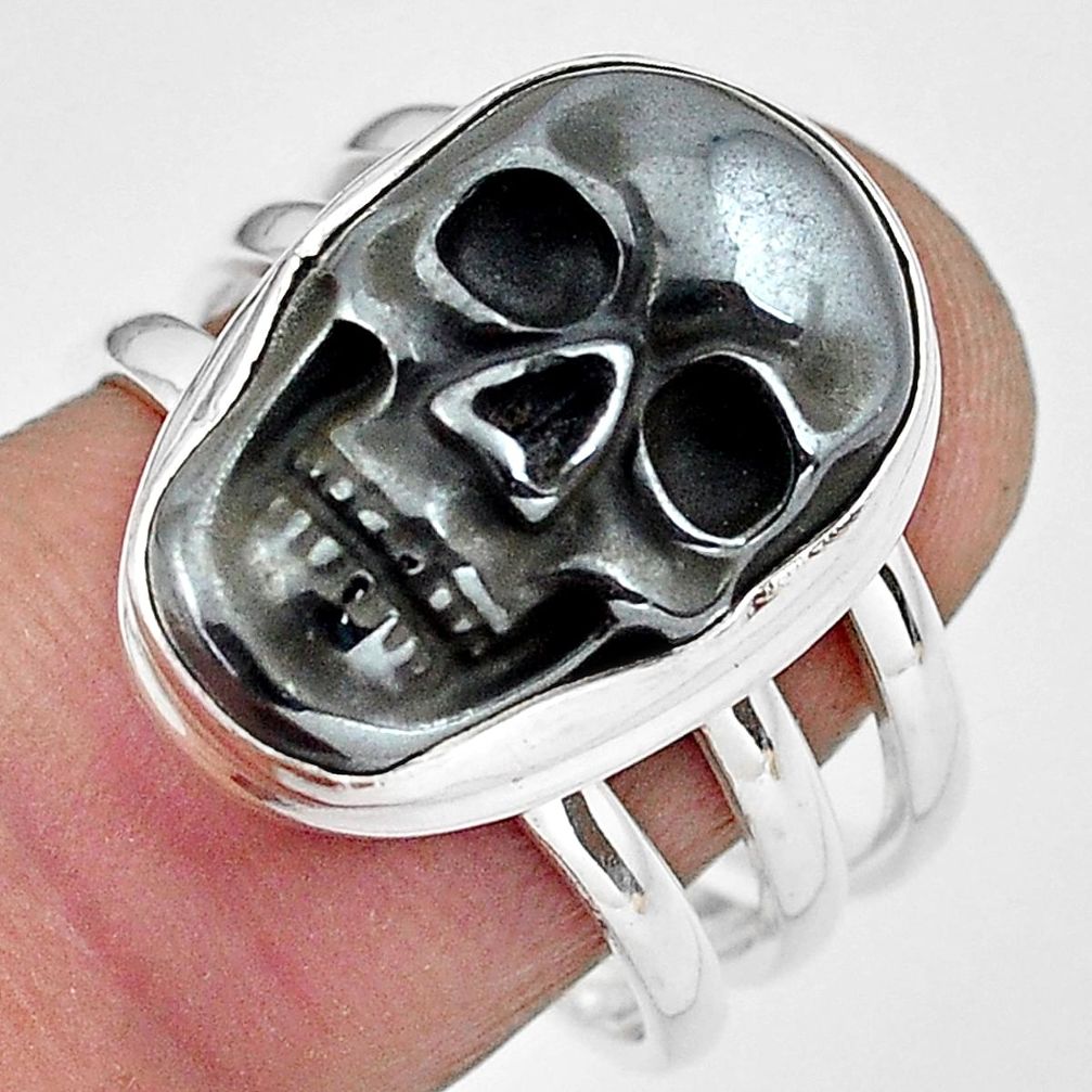 12.11cts natural black hematite 925 silver skull solitaire ring size 8.5 p88248