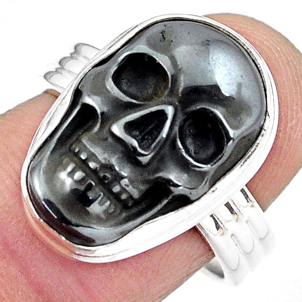 13.05cts natural black hematite 925 silver skull solitaire ring size 8 p88251