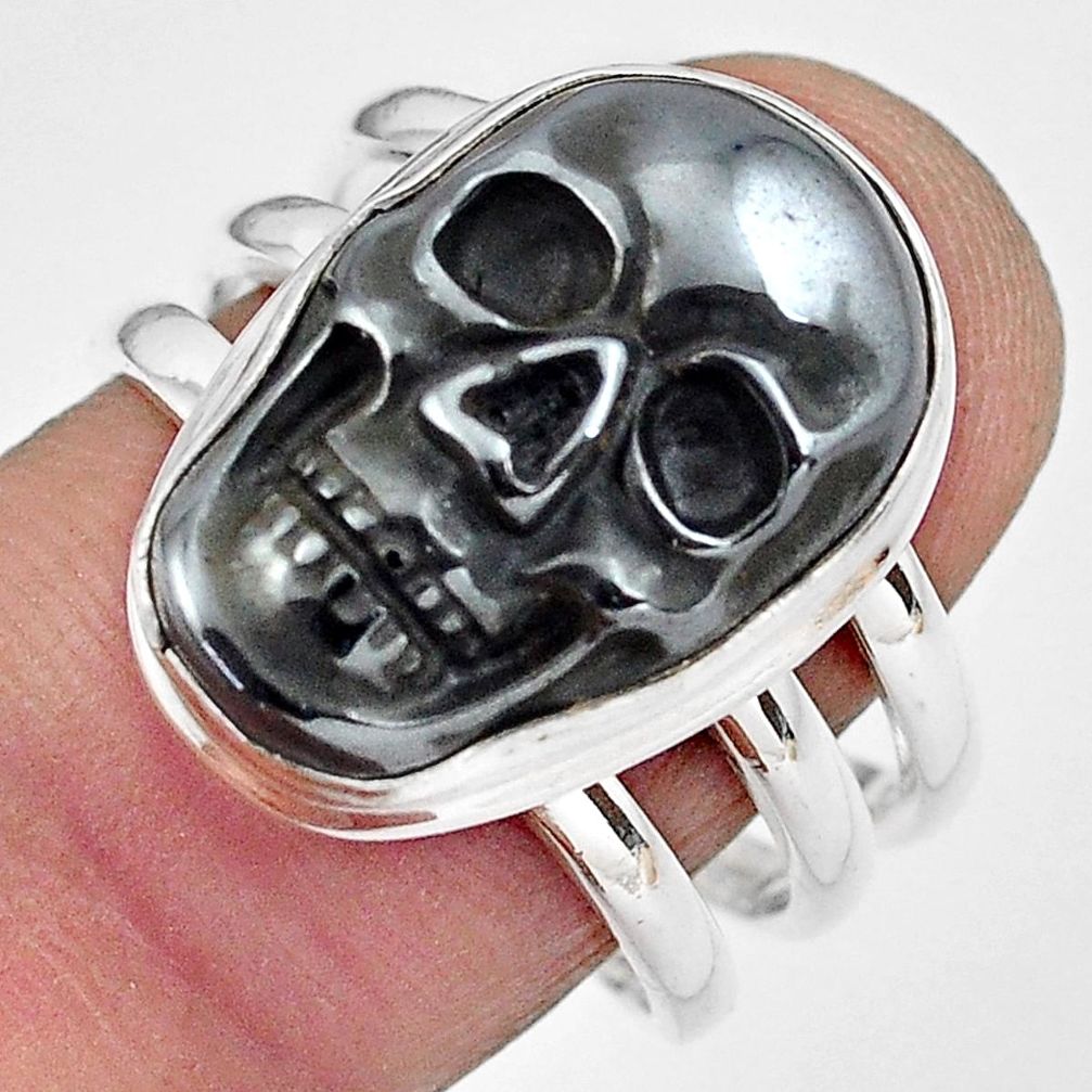 13.22cts natural black hematite 925 silver skull solitaire ring size 8.5 p88252