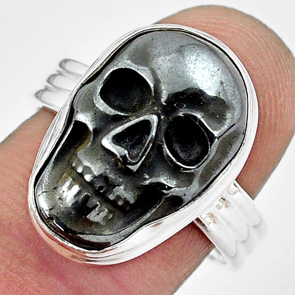 13.05cts natural black hematite 925 silver skull solitaire ring size 8.5 p88254