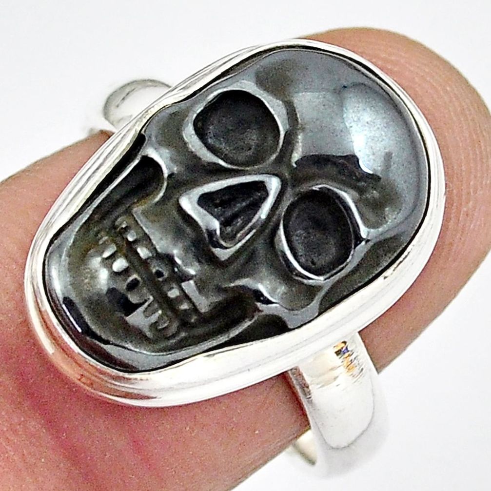 11.65cts natural black hematite 925 silver skull solitaire ring size 8 p88258