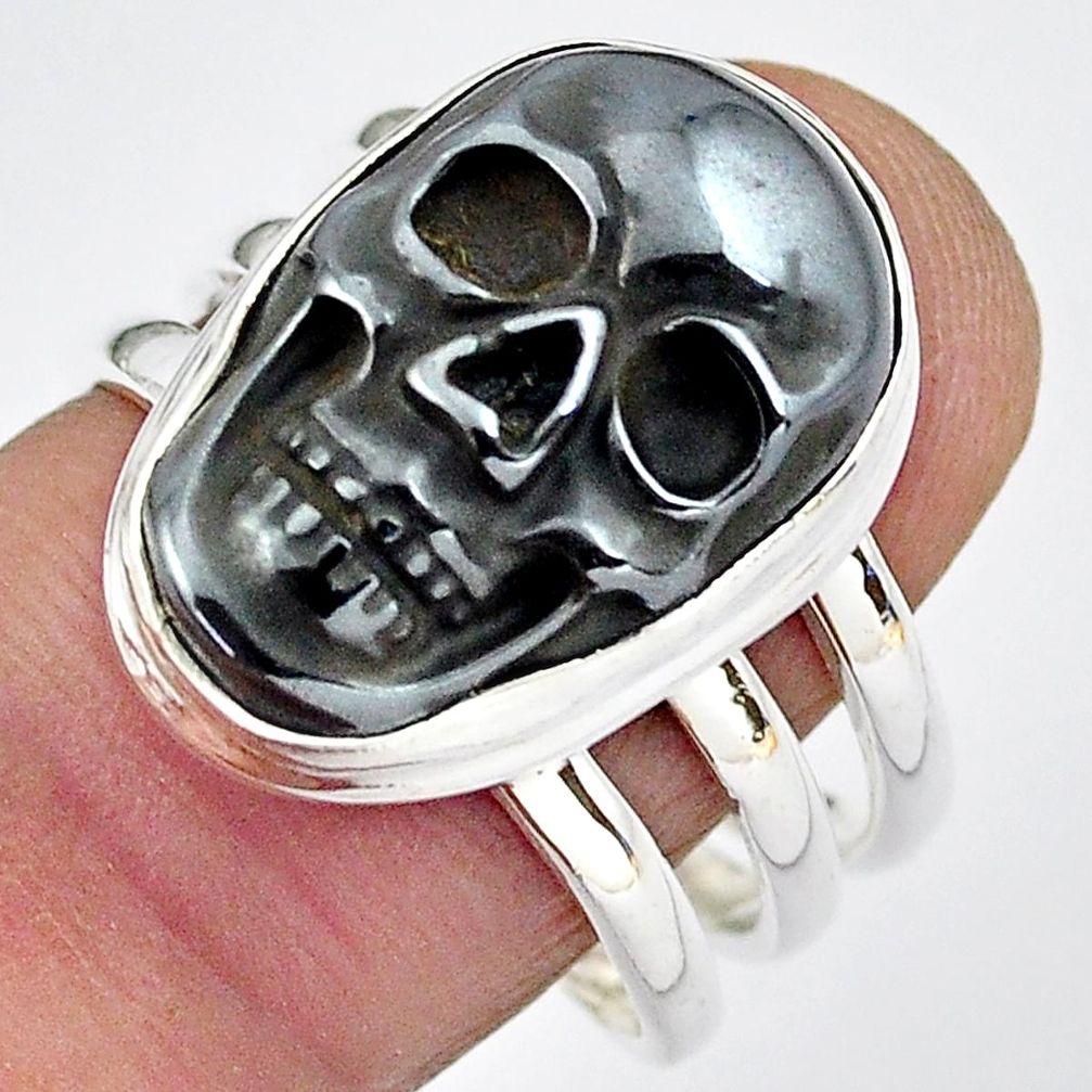 12.39cts natural black hematite 925 silver skull solitaire ring size 9 p88259