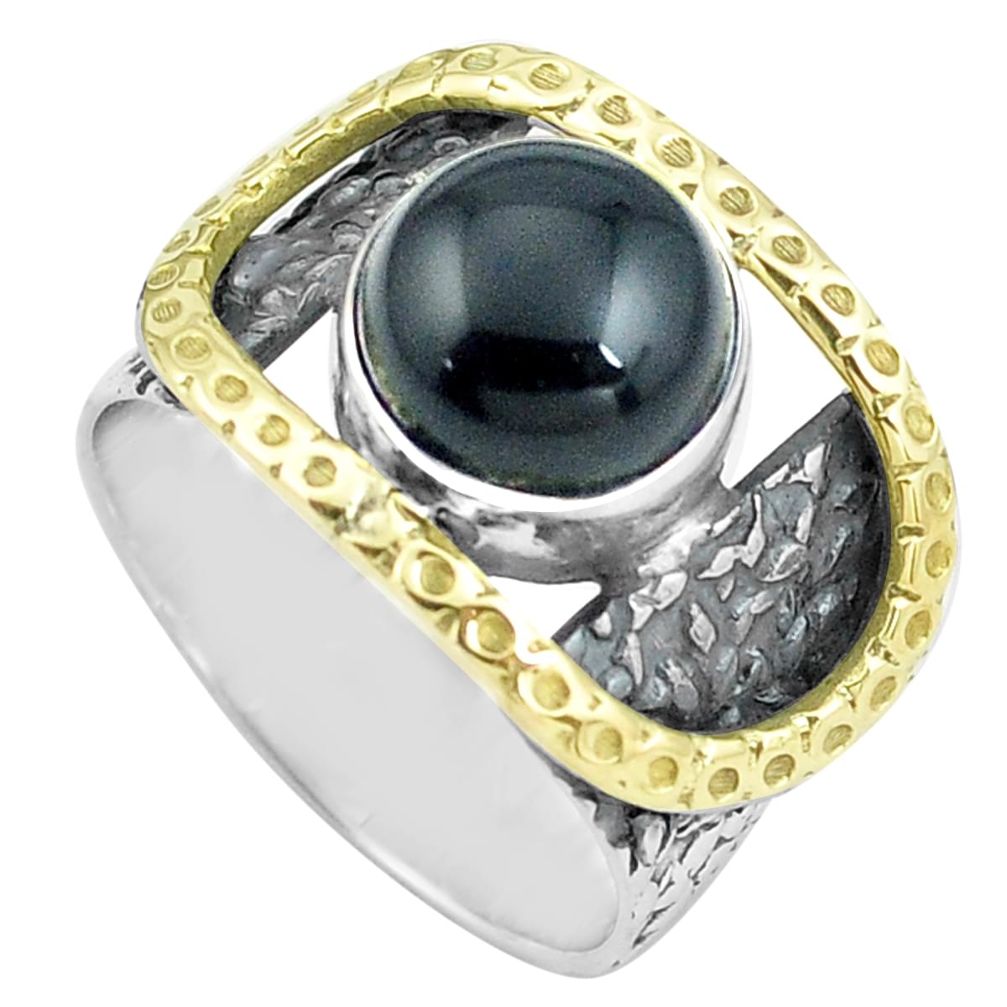 5.35cts natural black onyx 925 silver 14k gold solitaire ring size 7 p87950