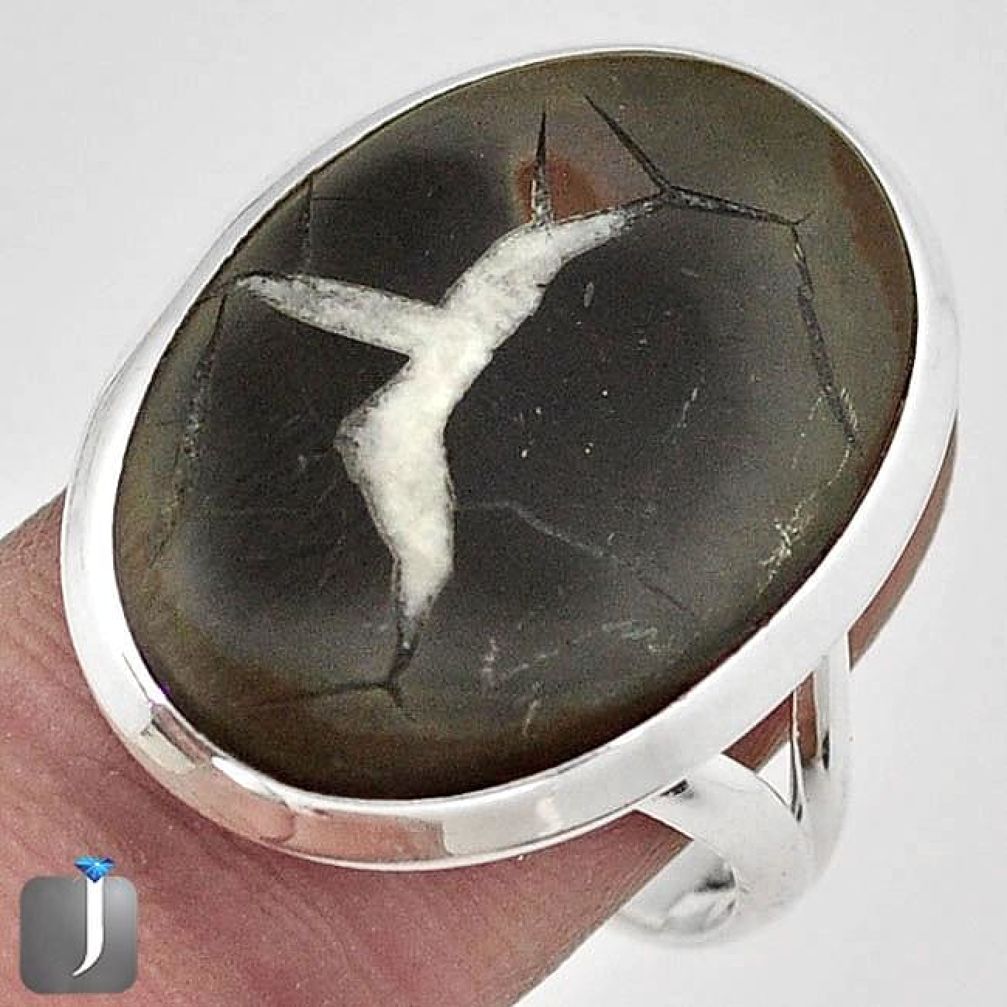 NATURAL BLACK SEPTARIAN NODULE (DRAGON STONE) 925 SILVER RING SIZE 8 G15761