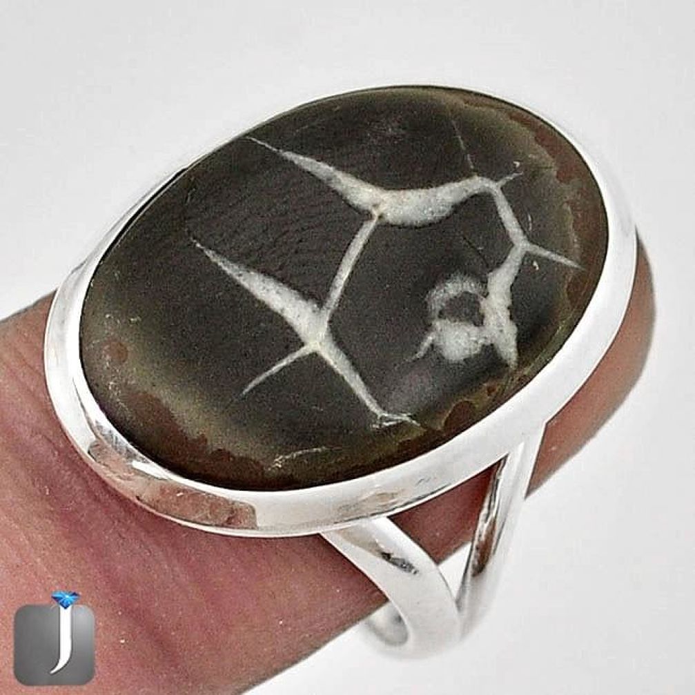 NATURAL BLACK SEPTARIAN NODULE (DRAGON STONE) 925 SILVER RING SIZE 7.5 G15762