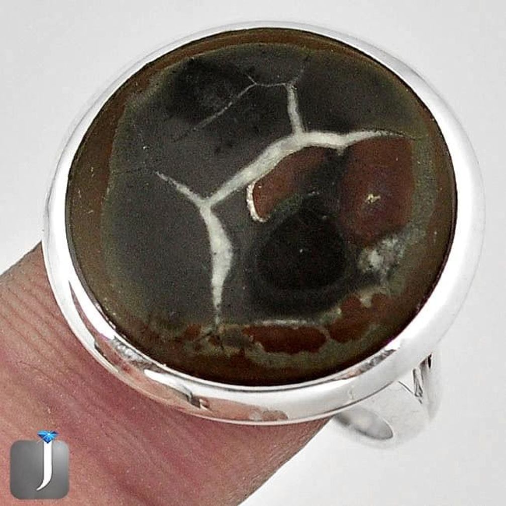 NATURAL BLACK SEPTARIAN NODULE (DRAGON STONE) 925 SILVER RING SIZE 8 G15765