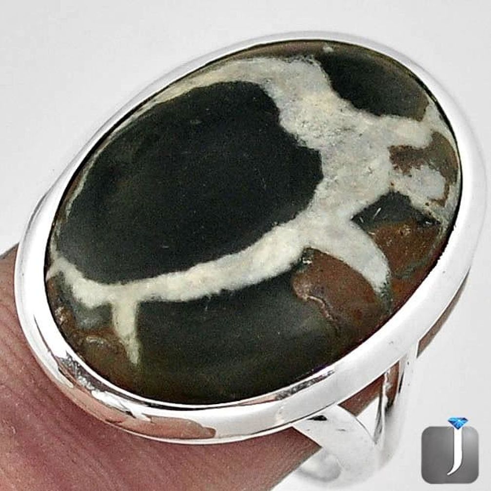 NATURAL BLACK SEPTARIAN NODULE (DRAGON STONE) 925 SILVER RING SIZE 7 G15770