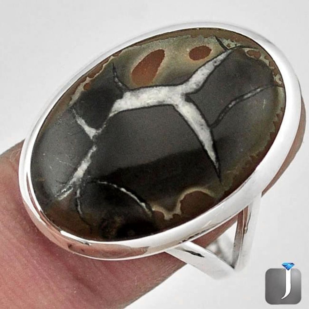 NATURAL BLACK SEPTARIAN NODULE (DRAGON STONE) 925 SILVER RING SIZE 8.5 G15775