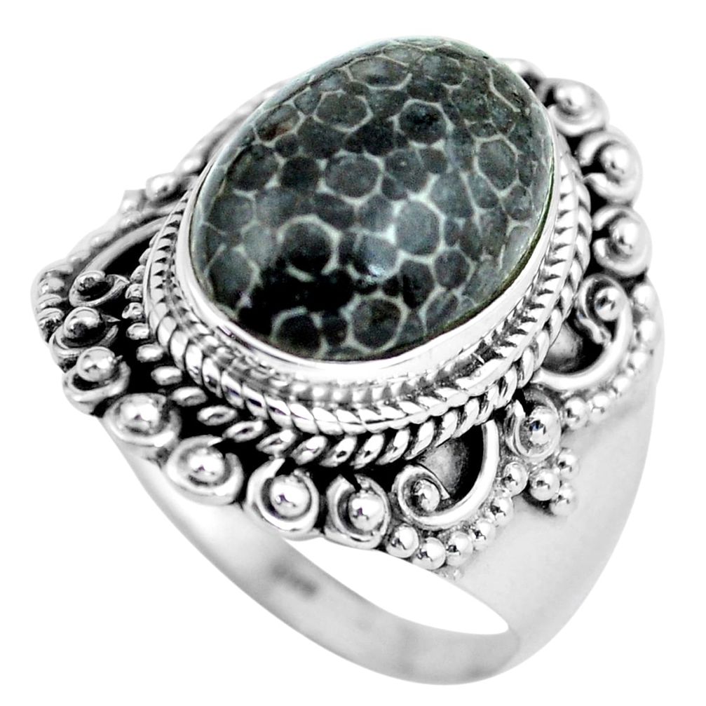 Natural black stingray coral from alaska 925 silver solitaire ring size 9 d32151