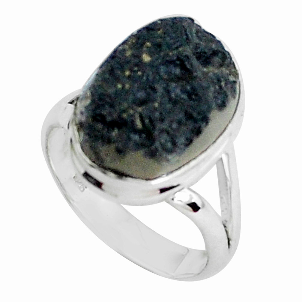 10.78cts natural black tektite 925 silver solitaire ring jewelry size 8.5 p46045