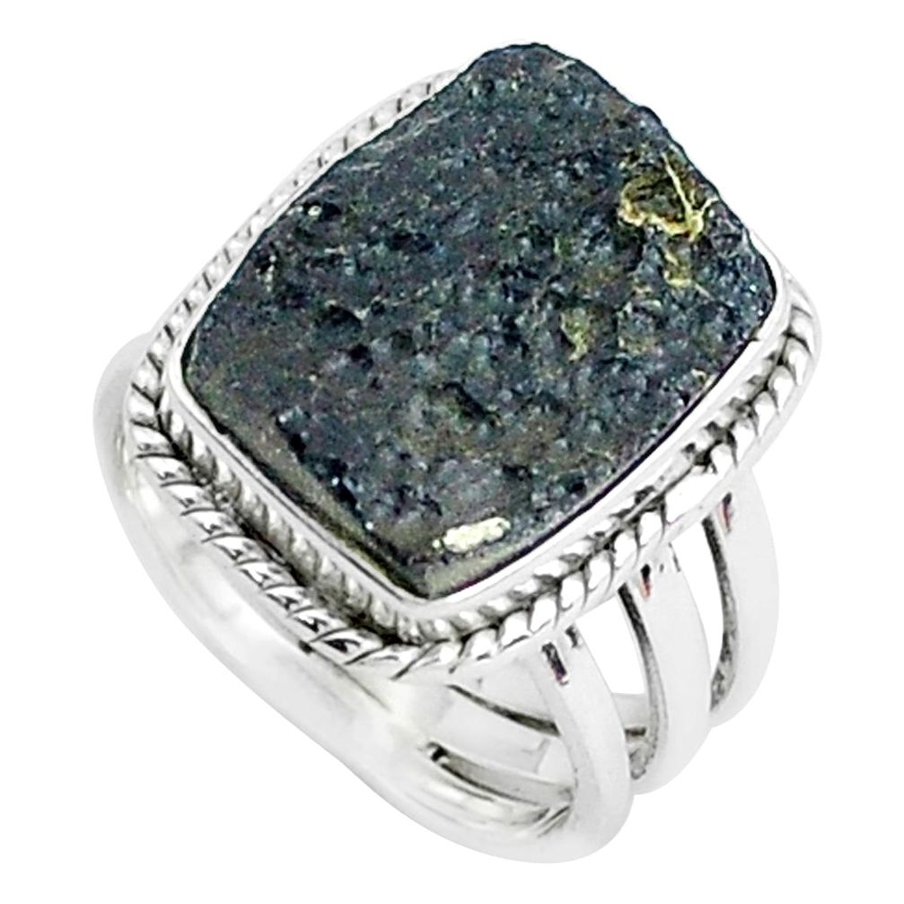 14.12cts natural black tektite 925 silver solitaire ring jewelry size 7.5 p46052