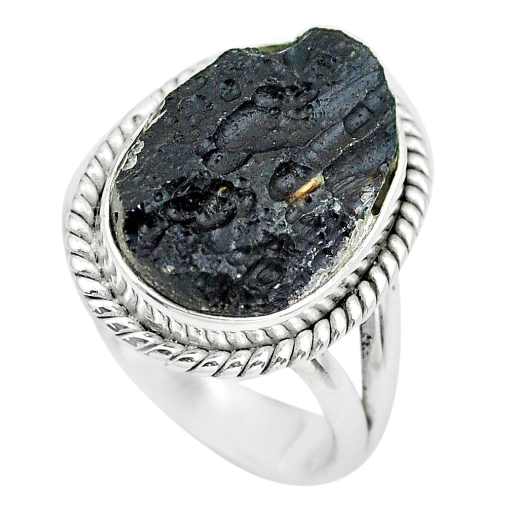 9.18cts natural black tektite 925 silver solitaire ring jewelry size 6.5 p61445