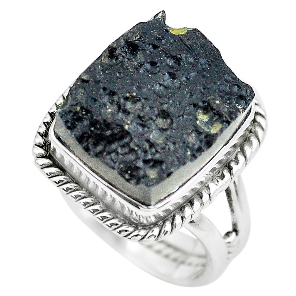 7.78cts natural black tektite 925 silver solitaire ring jewelry size 6.5 p61448