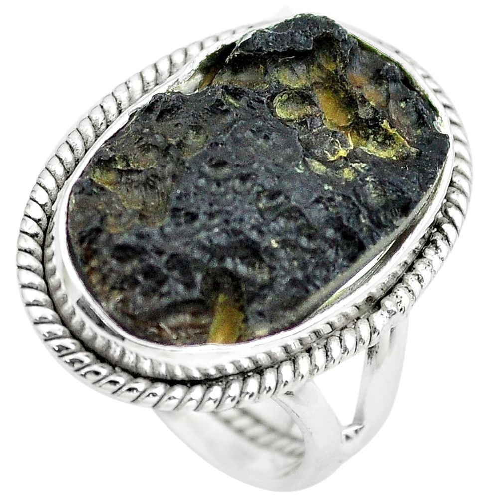 14.12cts natural black tektite 925 silver solitaire ring jewelry size 7 p61453