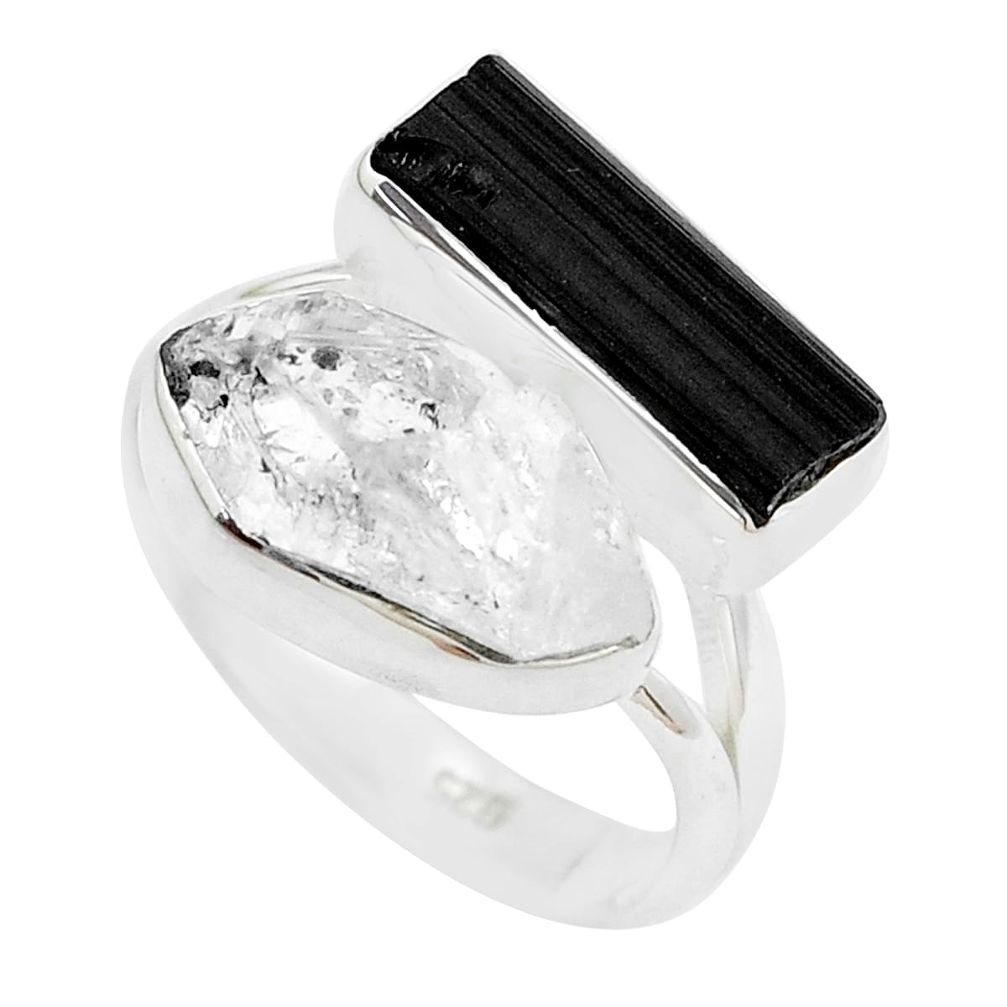 Natural black tourmaline rough herkimer diamond 925 silver ring size 7 p35739