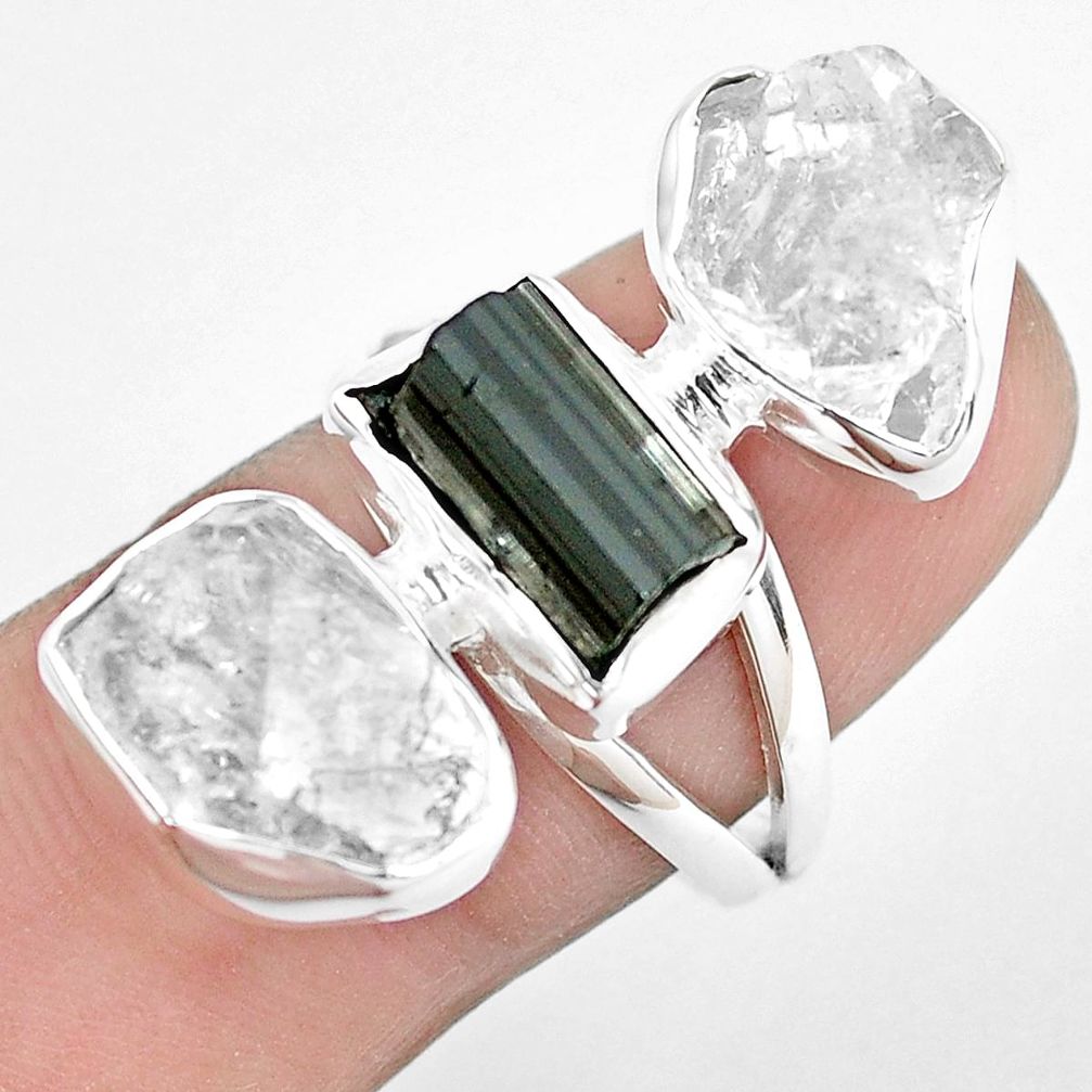 Natural black tourmaline rough herkimer diamond 925 silver ring size 7 p44281