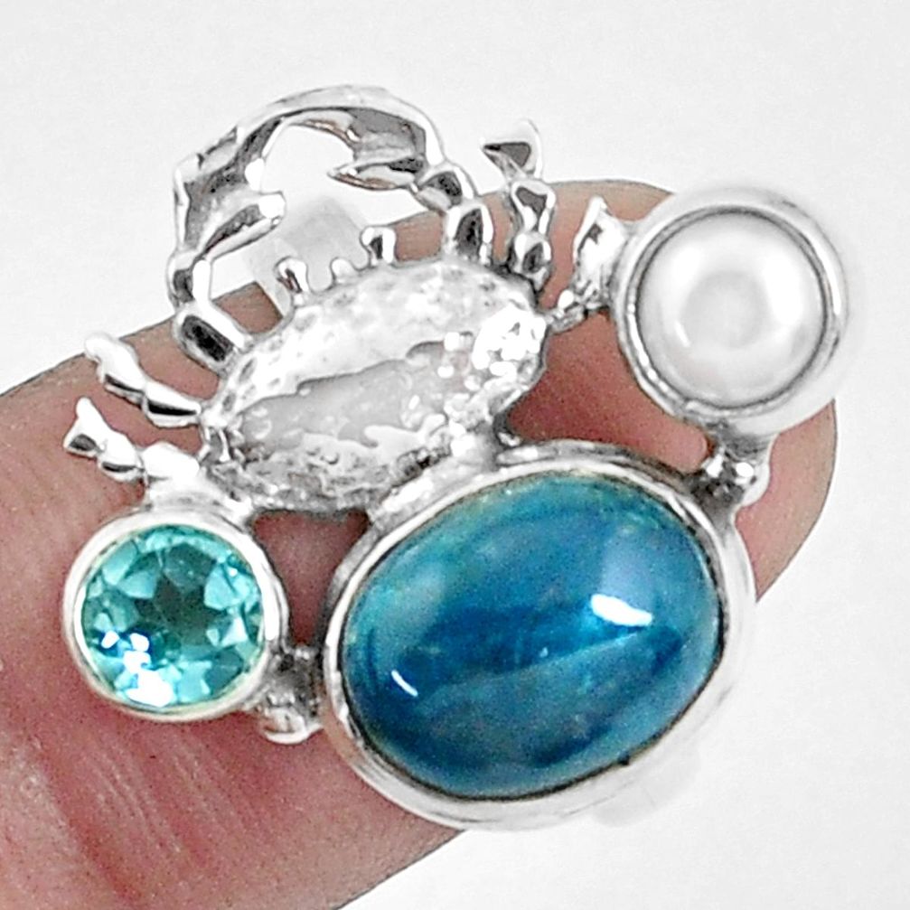 6.76cts natural blue apatite (madagascar) 925 silver crab ring size 7 p42702