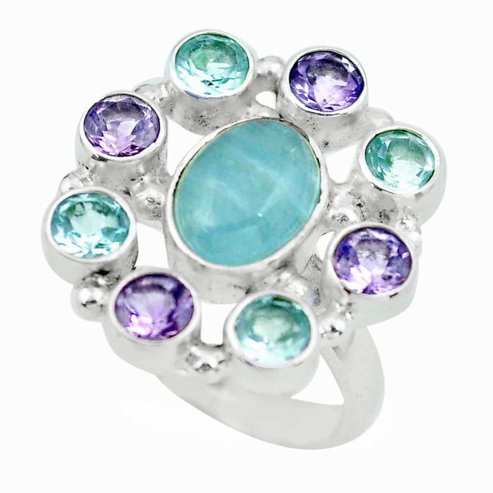 12.34cts natural blue aquamarine amethyst topaz 925 silver ring size 6.5 d32262