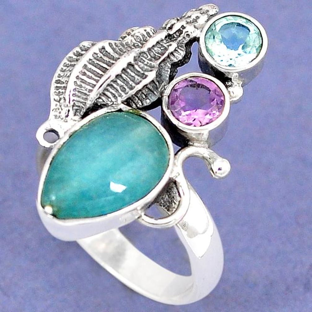 NATURAL BLUE AQUAMARINE AMETHYST TOPAZ 925 SILVER SEA SHELL RING SIZE 7.5 H8273