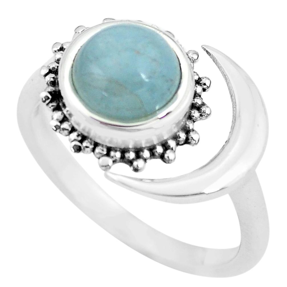 Natural blue aquamarine silver solitaire adjustable moon ring size 8 p57765