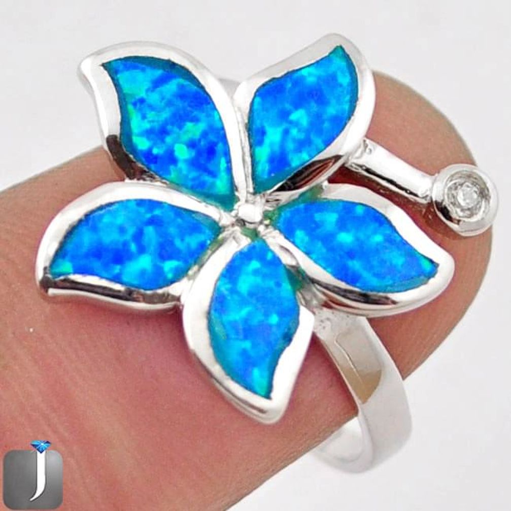 NATURAL BLUE AUSTRALIAN OPAL TOPAZ 925 SILVER FLOWER RING JEWELRY SIZE 8 G77378