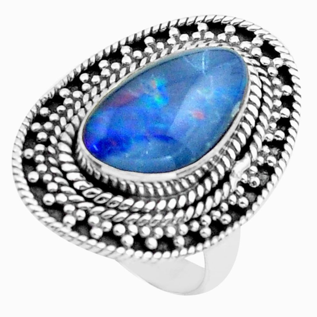 Natural blue australian opal triplet 925 silver solitaire ring size 7 p74812