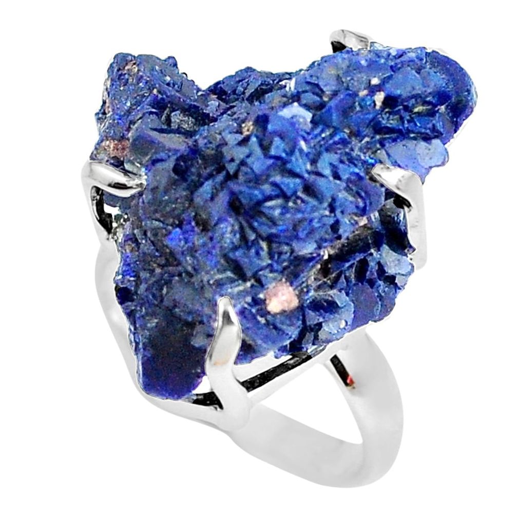33.26cts natural blue azurite druzy 925 silver solitaire ring size 8 p63407