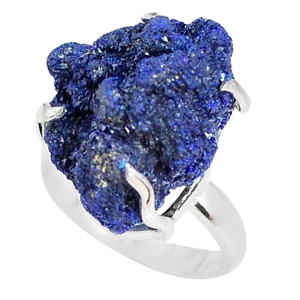 26.52cts natural blue azurite druzy 925 silver solitaire ring size 8 p63409