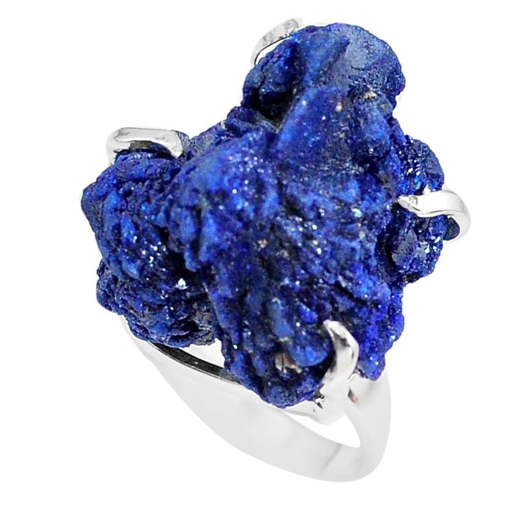 37.79cts natural blue azurite druzy 925 silver solitaire ring size 7 p63415