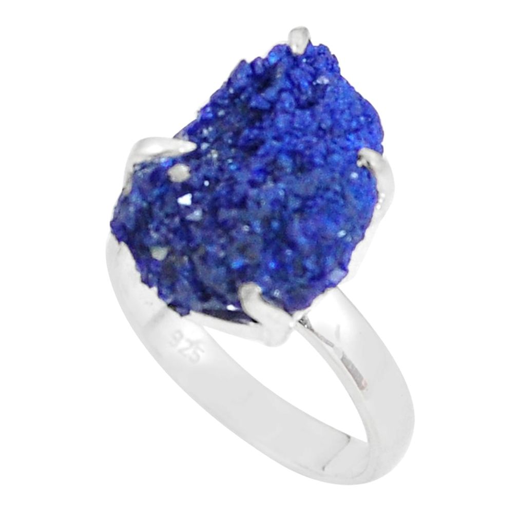 11.91cts natural blue azurite druzy 925 silver solitaire ring size 8 p63420