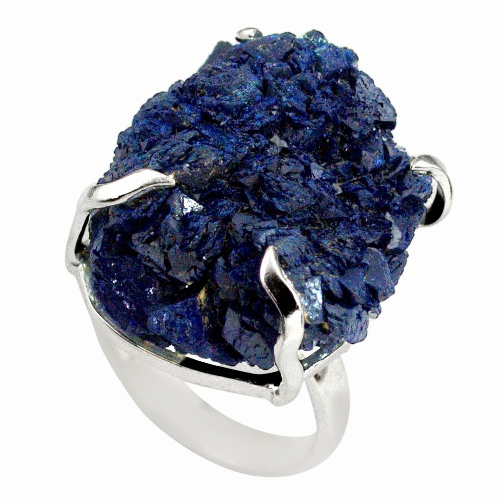 36.46cts natural blue azurite druzy 925 silver solitaire ring size 6 p79379