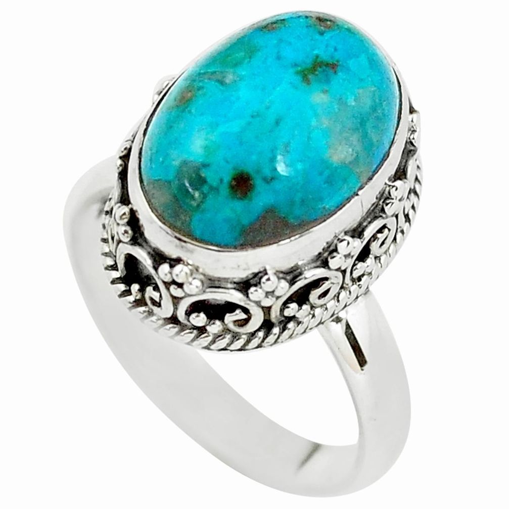 6.53cts natural blue chrysocolla 925 silver solitaire ring size 7.5 p56602