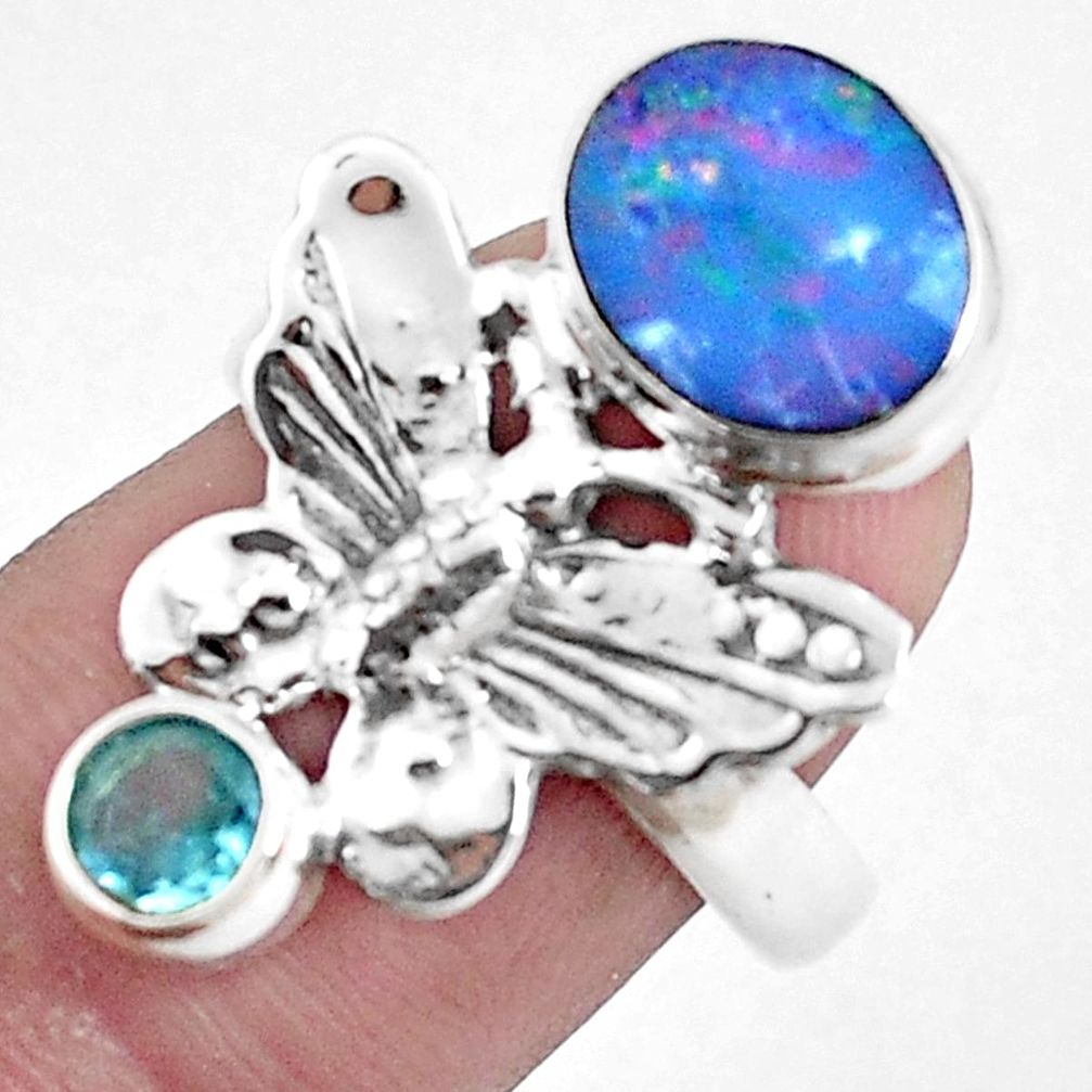 Natural blue doublet opal australian 925 silver butterfly ring size 7.5 p42737