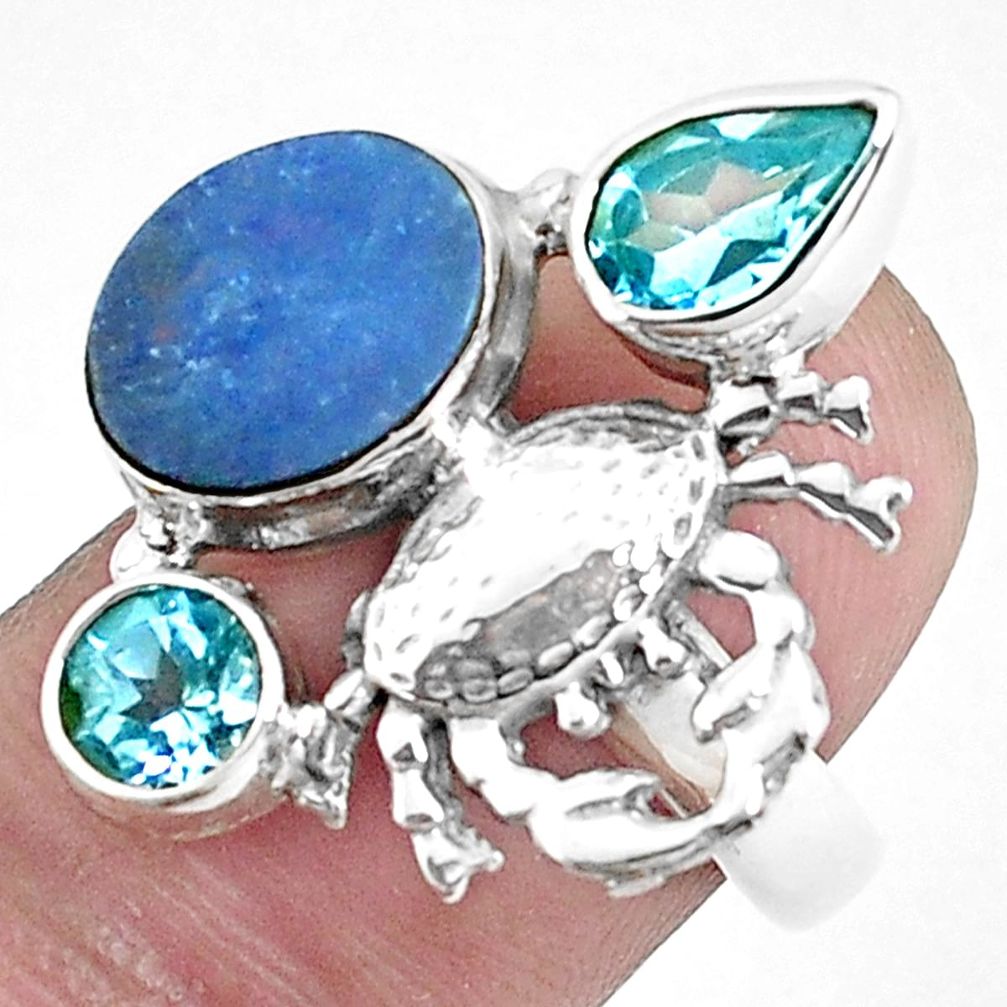 5.35cts natural blue doublet opal australian 925 silver crab ring size 7 p42734