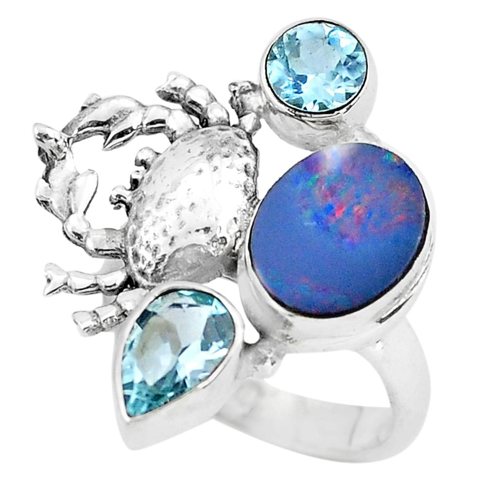 6.54cts natural blue doublet opal australian 925 silver crab ring size 6 p61027