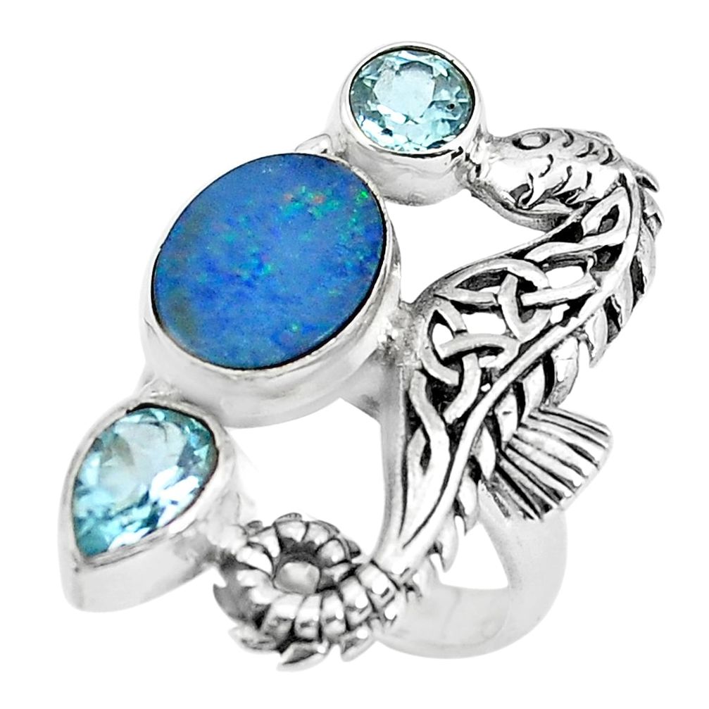 Natural blue doublet opal australian 925 silver fairy mermaid ring size 6 p61028