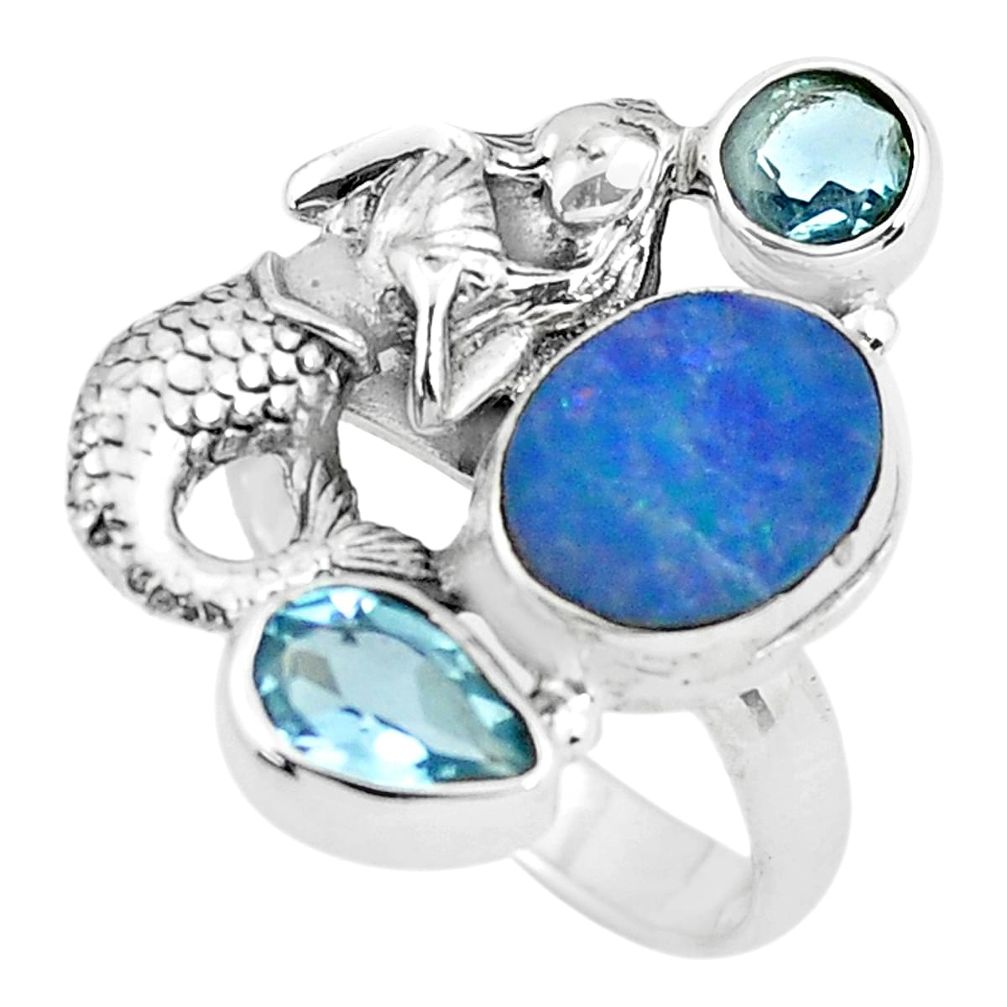 Natural blue doublet opal australian 925 silver fairy mermaid ring size 7 p61030