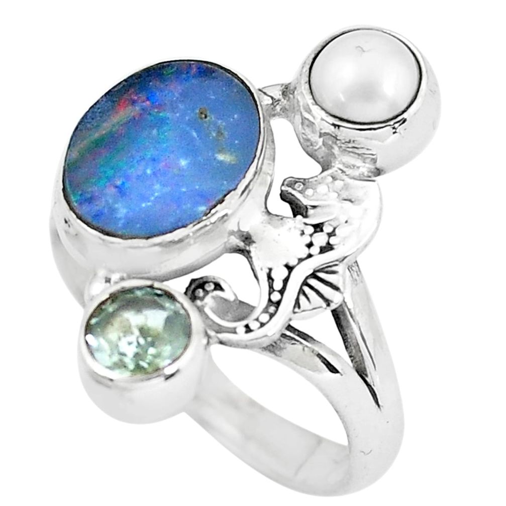 5.75cts natural blue doublet opal australian 925 silver fish ring size 8 p61034