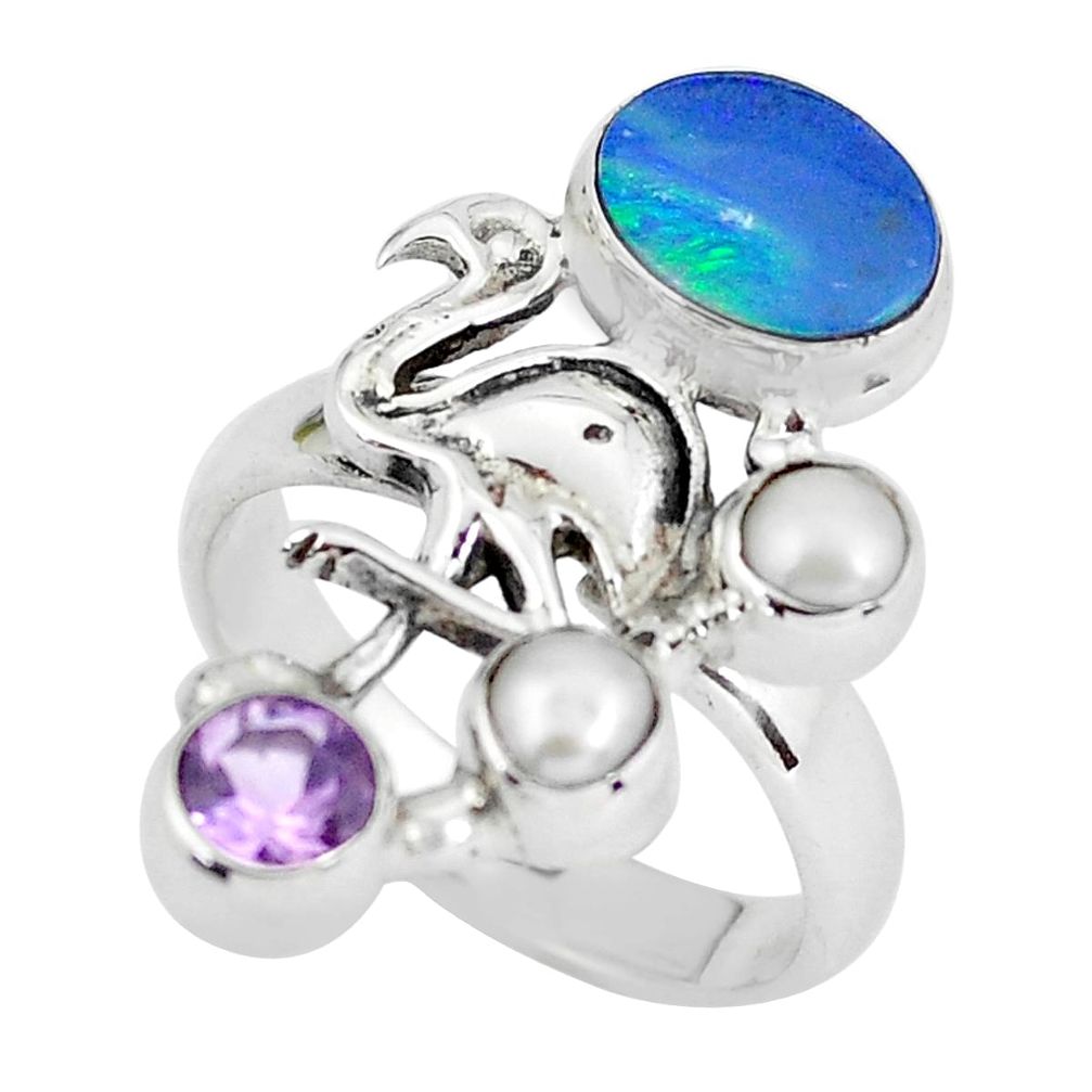 Natural blue doublet opal australian 925 silver flamingo ring size 8.5 p60284