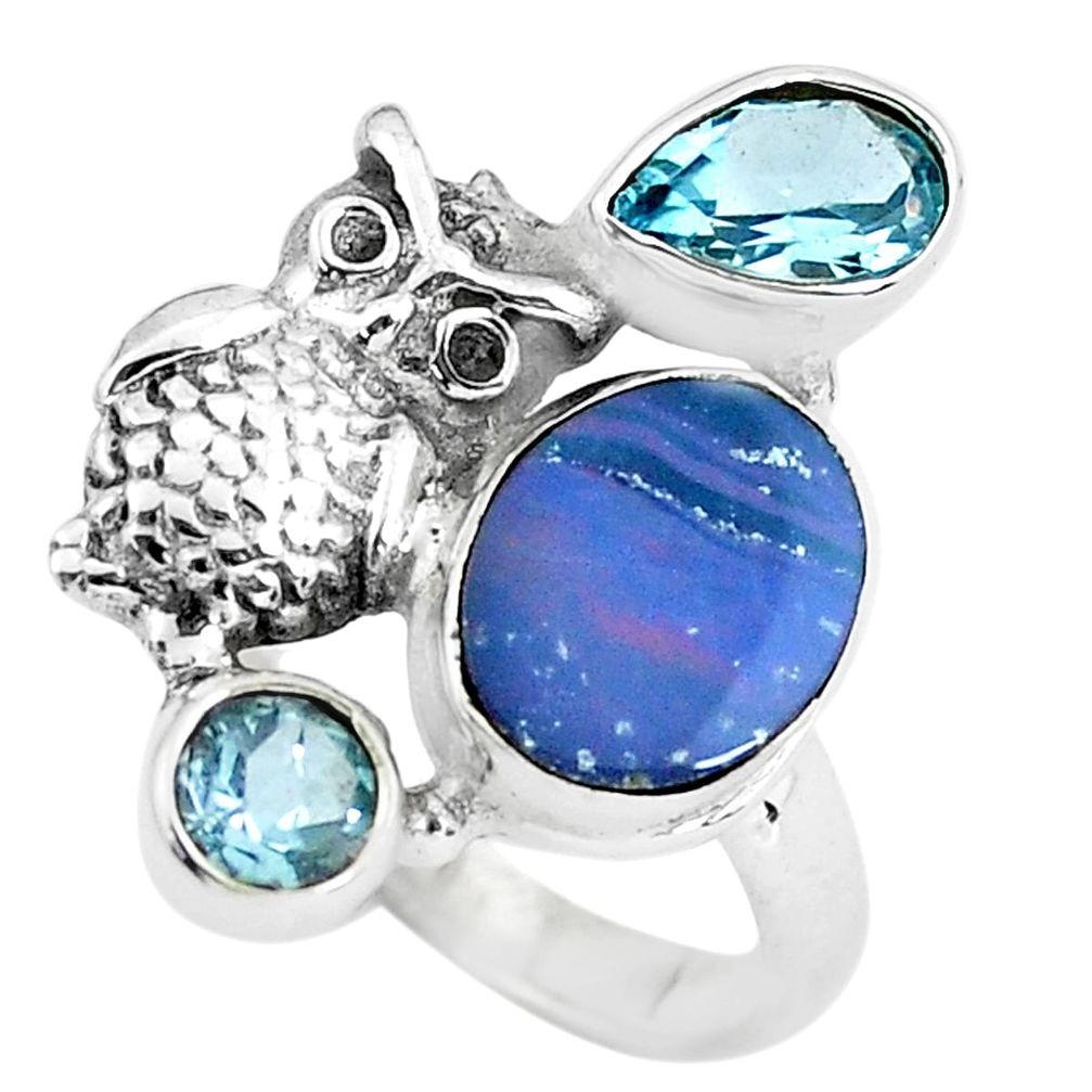 6.09cts natural blue doublet opal australian 925 silver owl ring size 7.5 p61025