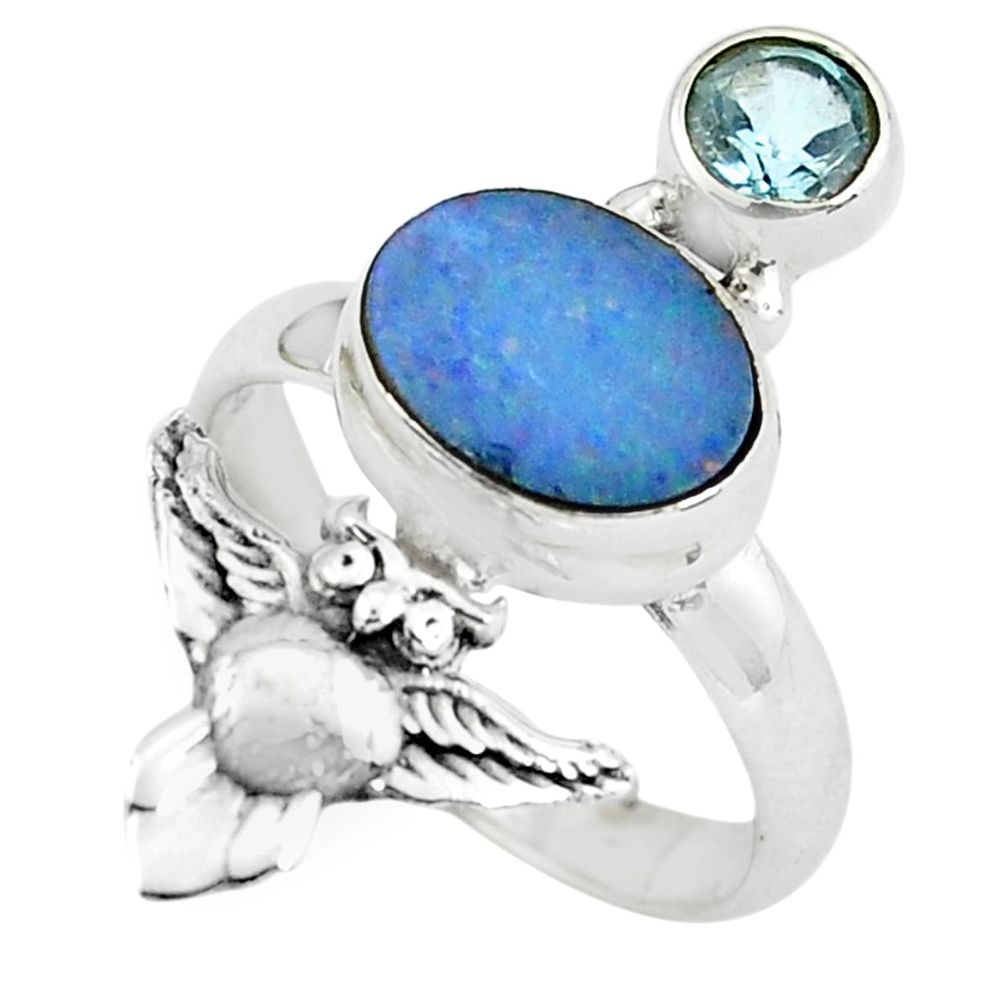 4.40cts natural blue doublet opal australian 925 silver owl ring size 7 p61078